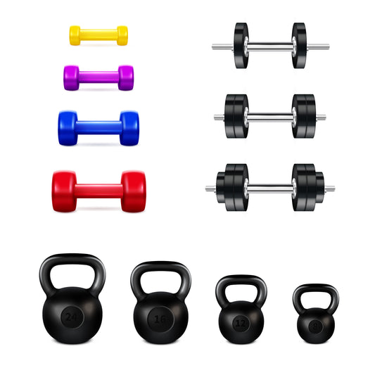 A collection of dumbbells and weights on a white background, ideal for compact home gym setups and full-body workouts.
