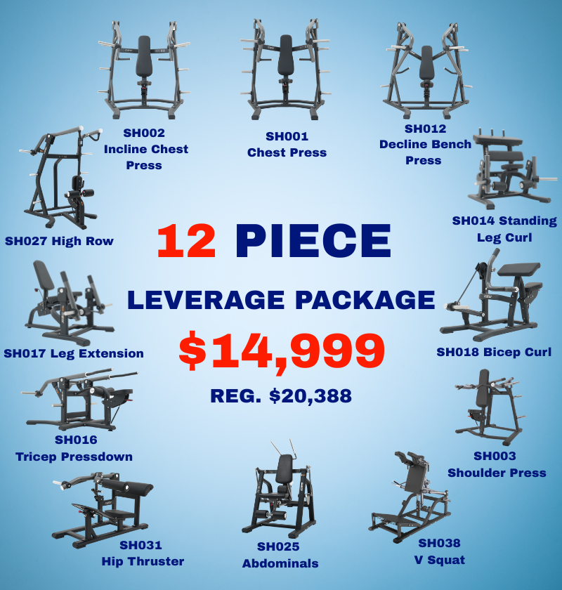 12-piece fitness equipment leverage package with various machines on a blue background