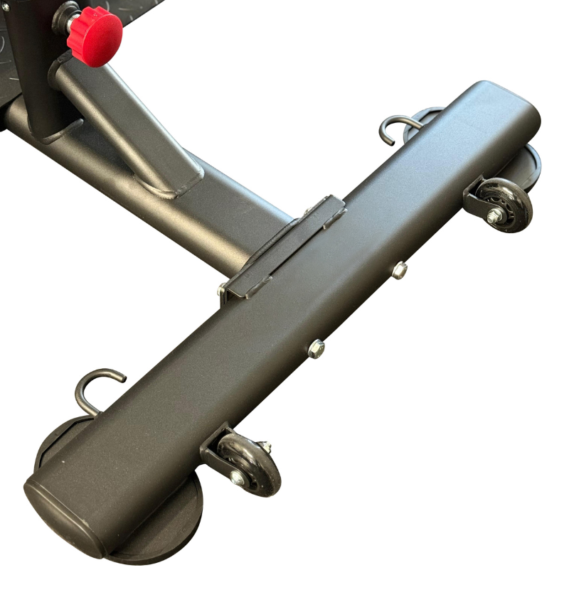 sissy squat machine with band peg hooks and wheels on a white background.