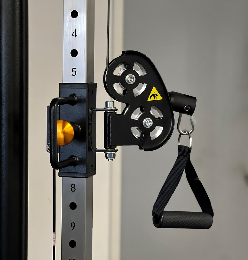 Functional Trainer Space Saver PL7346: a sturdy pull-up bar securely attached to a wall for effective workout routines.