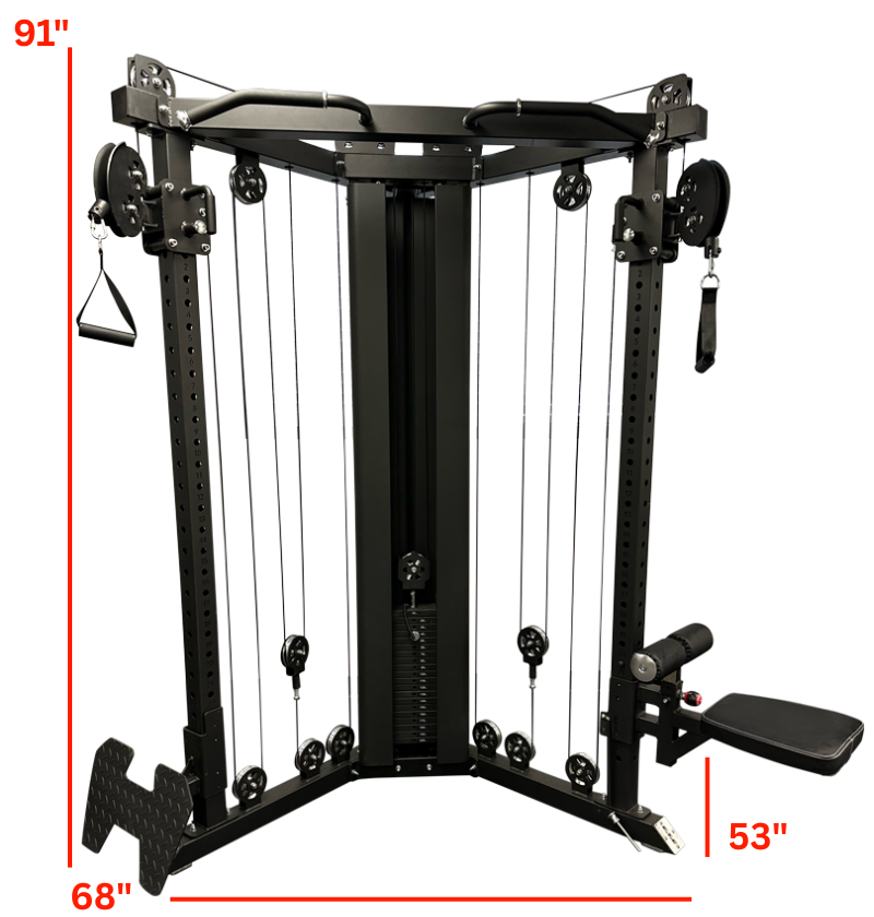 Gym cable machine with dimensions labeled on a white background