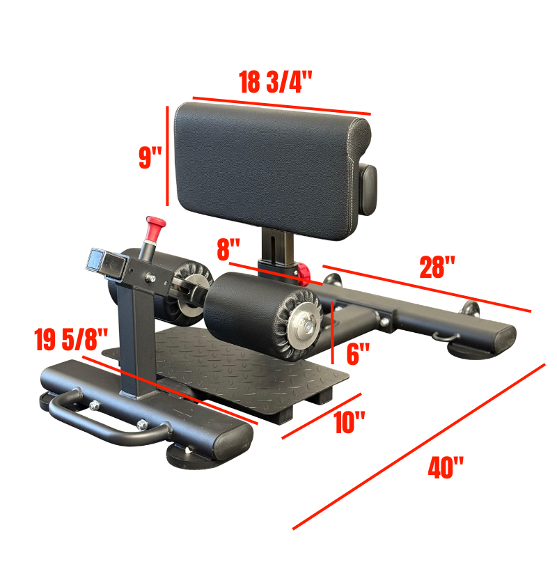 Sissy squat machine with dimensions on a white background.