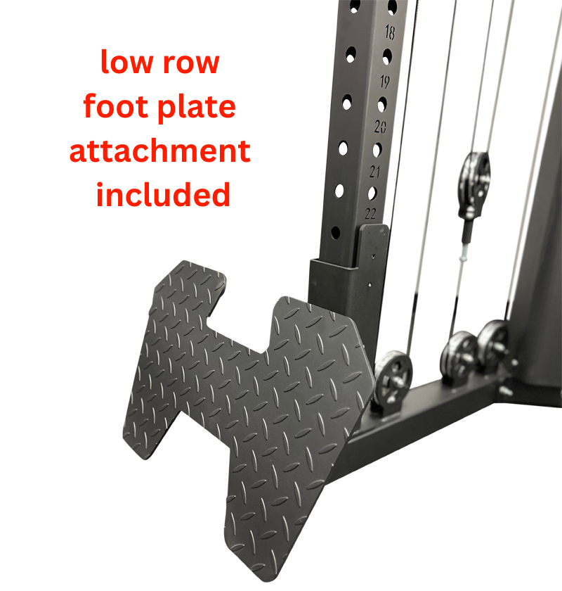Low row foot plate attachment for a cable machine.