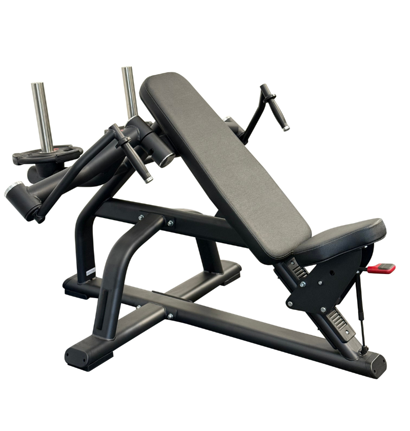 Black incline chest fly machine with adjustable backrest on a white background