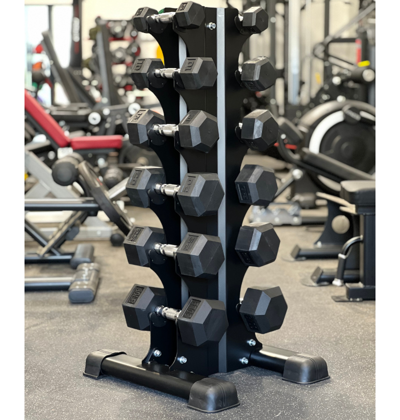 5-30lbs vertical dumbbell rack in a gym setting