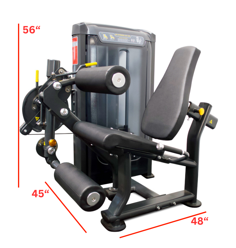 Leg press machine with measurements displayed, labeled as PL7923 Leg Extension Leg Curl for fitness equipment reference.