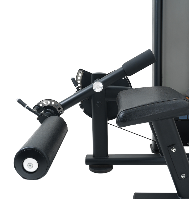 Black prone leg curl machine with roller pad on a white background
