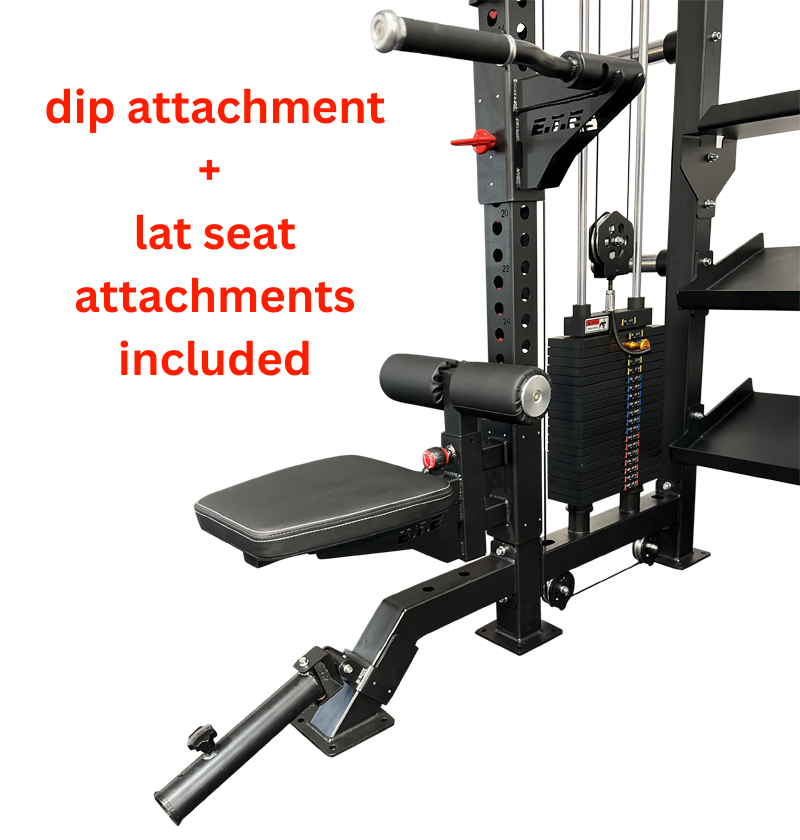 All-in-one half rack equipped with a squat machine, dip attachment, and lat attachments for diverse fitness routines.