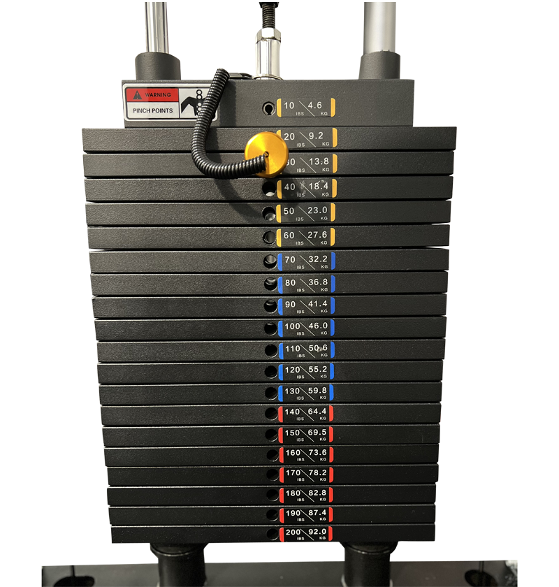 A black and yellow all-in-one half rack with functional trainer, featuring multiple weight plates for strength training.