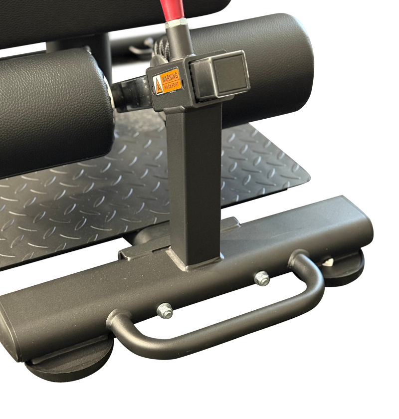 Sissy squat machine with a handle for mobility on a white background.