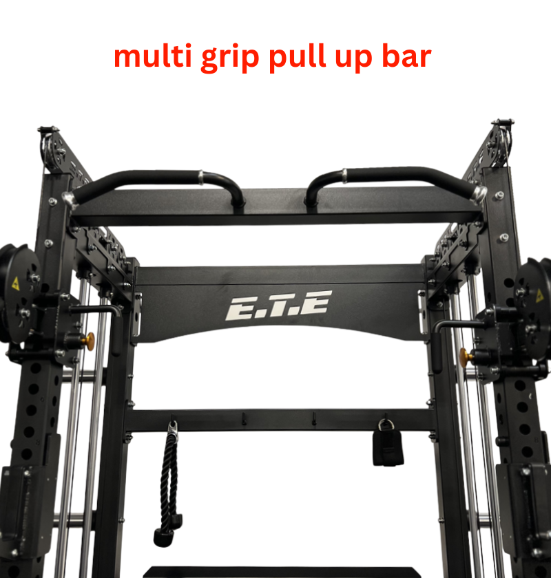 Multi grip pull-up bar featured on an all-in-one half rack with a functional trainer for versatile workouts.