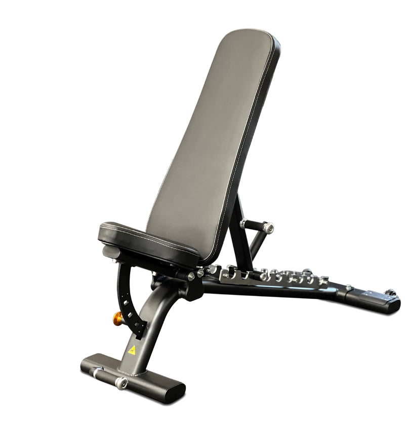 Black and gray adjustable flat incline gym bench PL7328 with a padded seat for strength training exercises.
