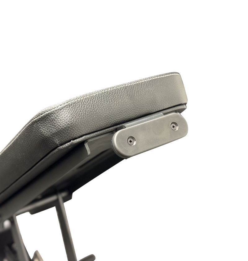 Adjustable bench back pad, gym equipment close-up, white background display image