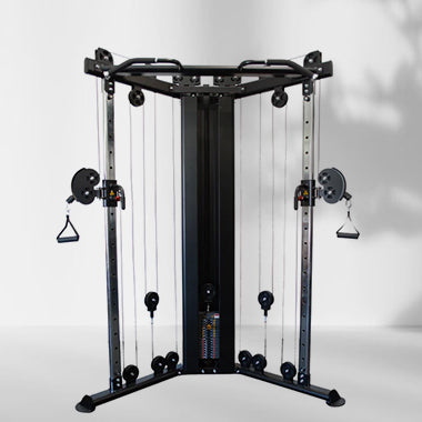 A black cable machine with two bars, designed for various strength training workouts in a gym setting.