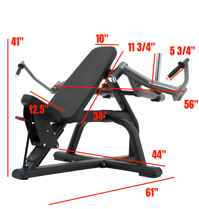 Incline chest fly with measurements marked on a white background
