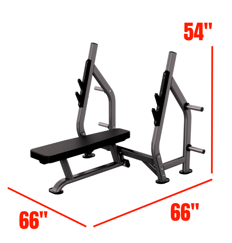 A flat olympic bench press gym setup with red dimension lines and text showing 66 inches width, 66 inches depth, and 54 inches height on a white background.