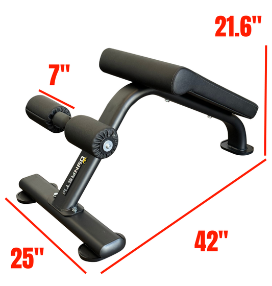 Black abdominal bench with red dimension lines and text showing measurements of 21.6 inches, 42 inches, 25 inches, and 7 inches on a white background.