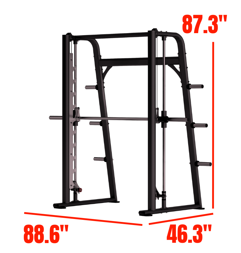 DR030 Smith Machine black plate loaded exercise machine labeled with dimensions