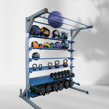 A gym equipment rack displaying various weights and dumbbells organized for easy access and storage.