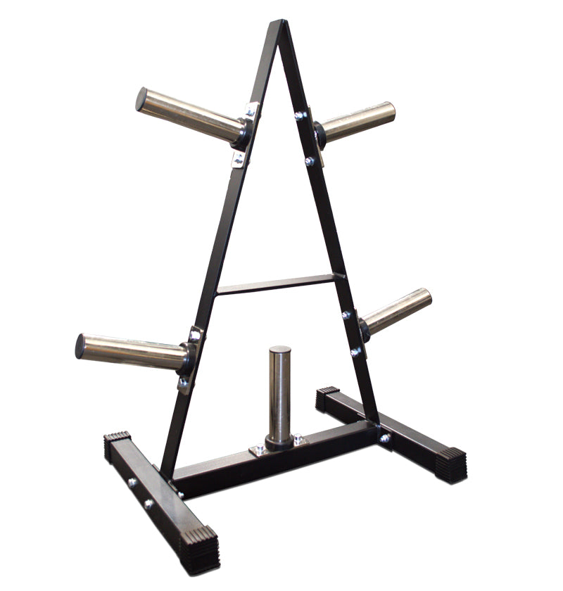 A black metal A-frame bumper plate for tree holding four weights securely in place.
