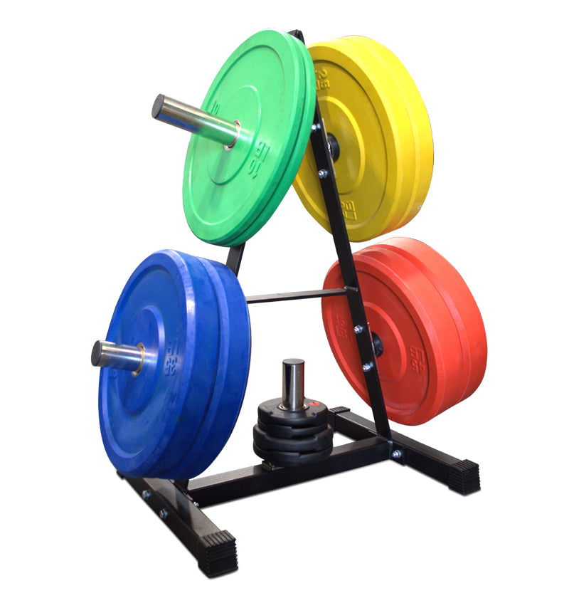 A-Frame bumper plate tree featuring four different colors of bumper plates, all organized for effective workout activities