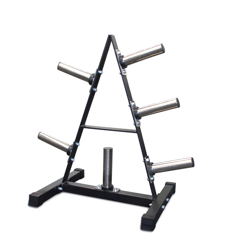 A black metal A-Frame bumper plate tree displaying four weights for easy access and storage.