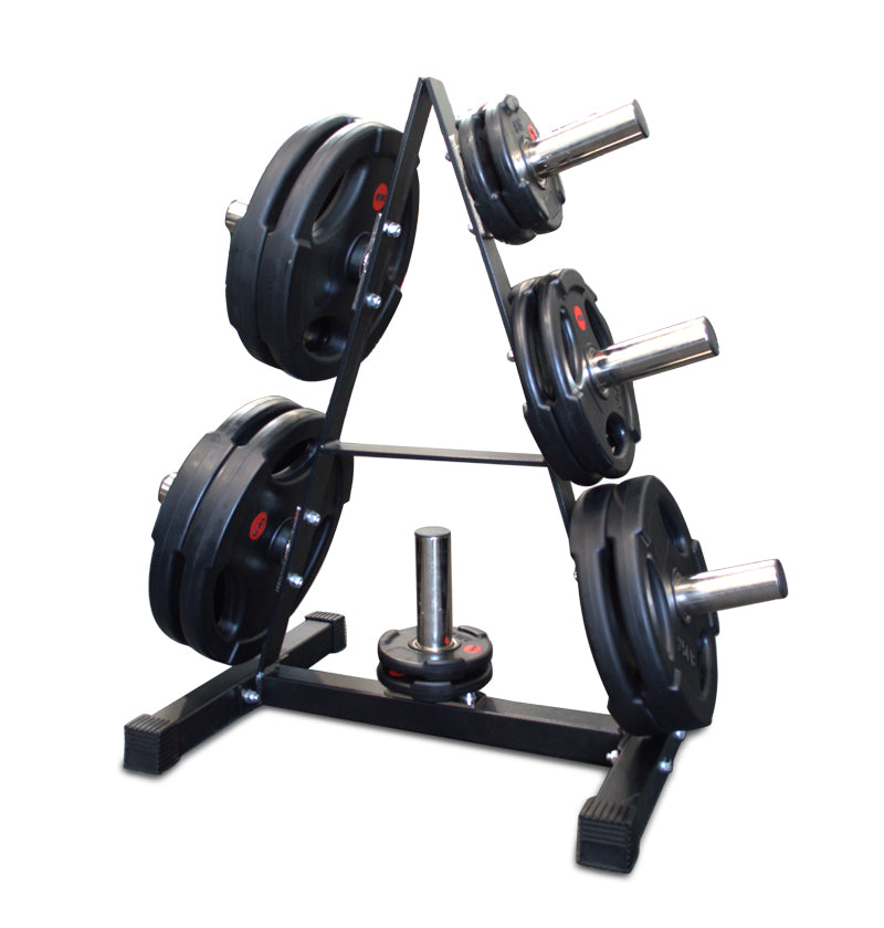 A black weight rack, specifically an A-Frame Olympic Plate Tree, holding two weights for organized fitness equipment.