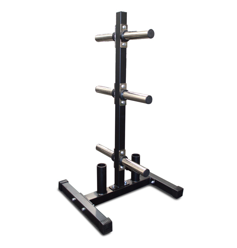 Black metal Olympic plate tree stand with three vertical bars for organized weight storage.