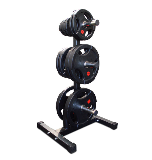 A sturdy black weight rack with three plates displayed, equipped with two bar holders for Olympic weights.