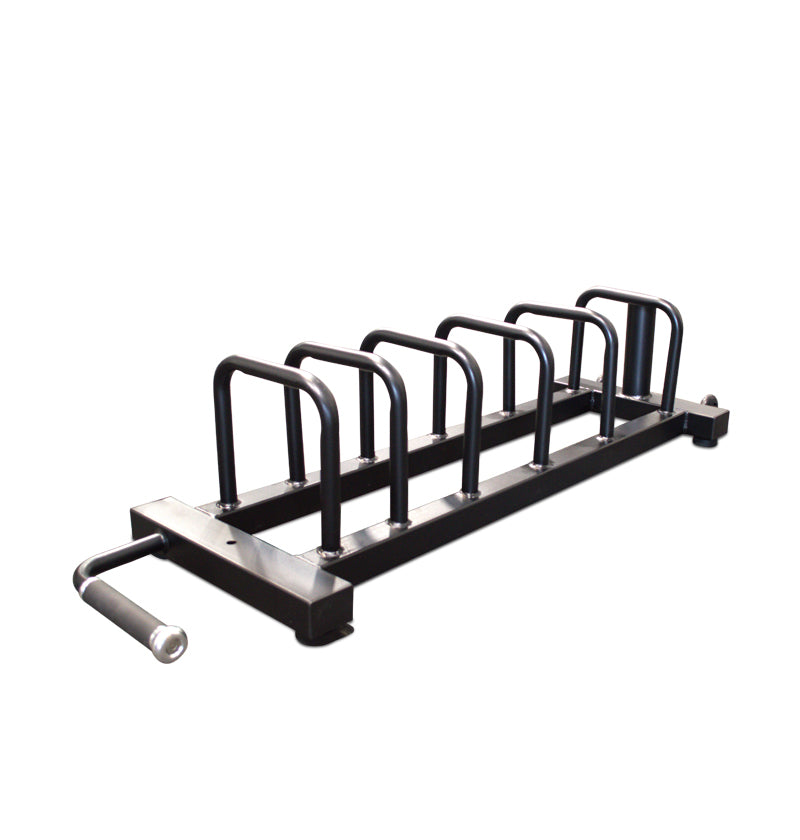 Black metal short horizontal bumper plate rack with four bars for organized weight storage.