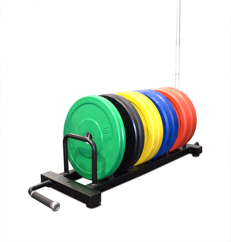 A short horizontal rack featuring an assortment of vibrant bumper plates.