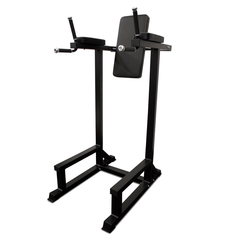 A black vertical knee raise/dip stand with a sturdy steel frame, featuring pads for arm and back support.