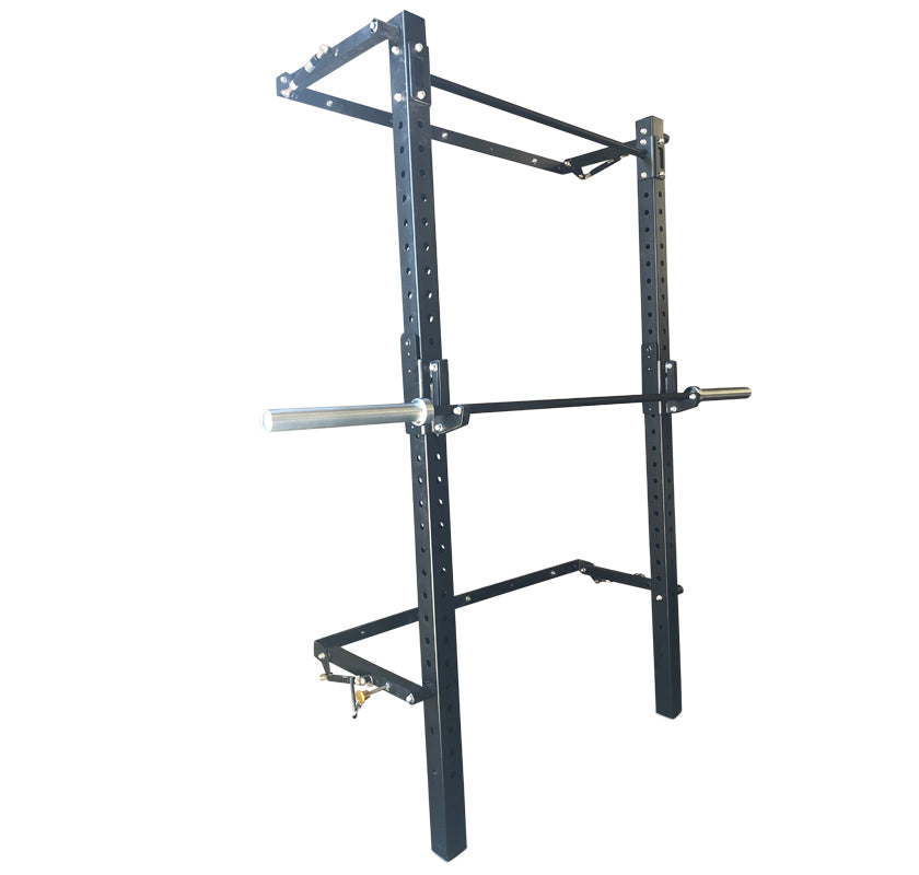 Black folding squat rack on a white background.