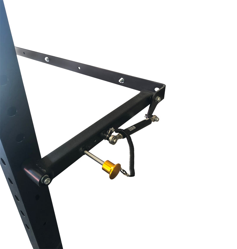Black folding squat rack with locking pin on a white background.