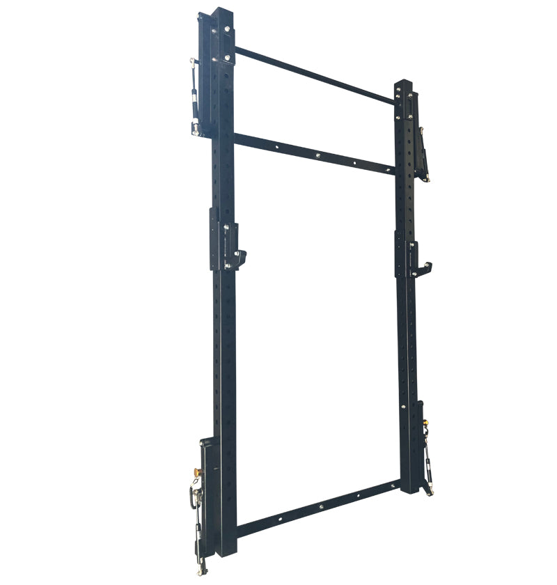 Black folding squat rack on a white background.