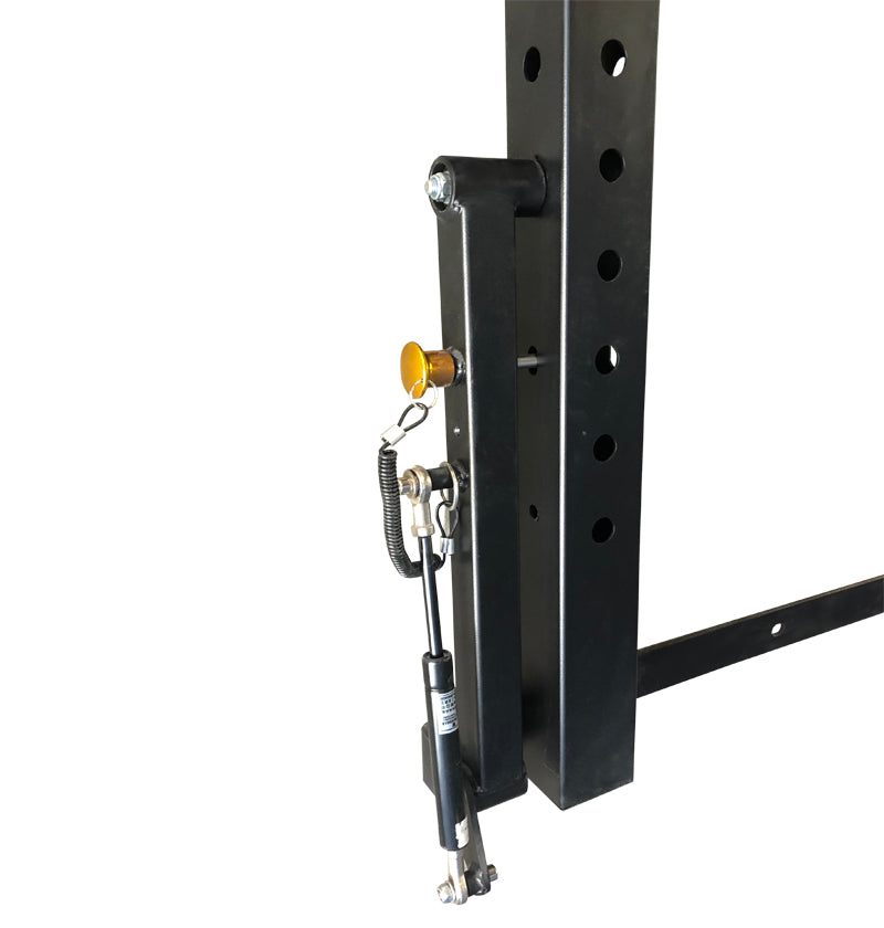 Black squat rack with pin on a white background.