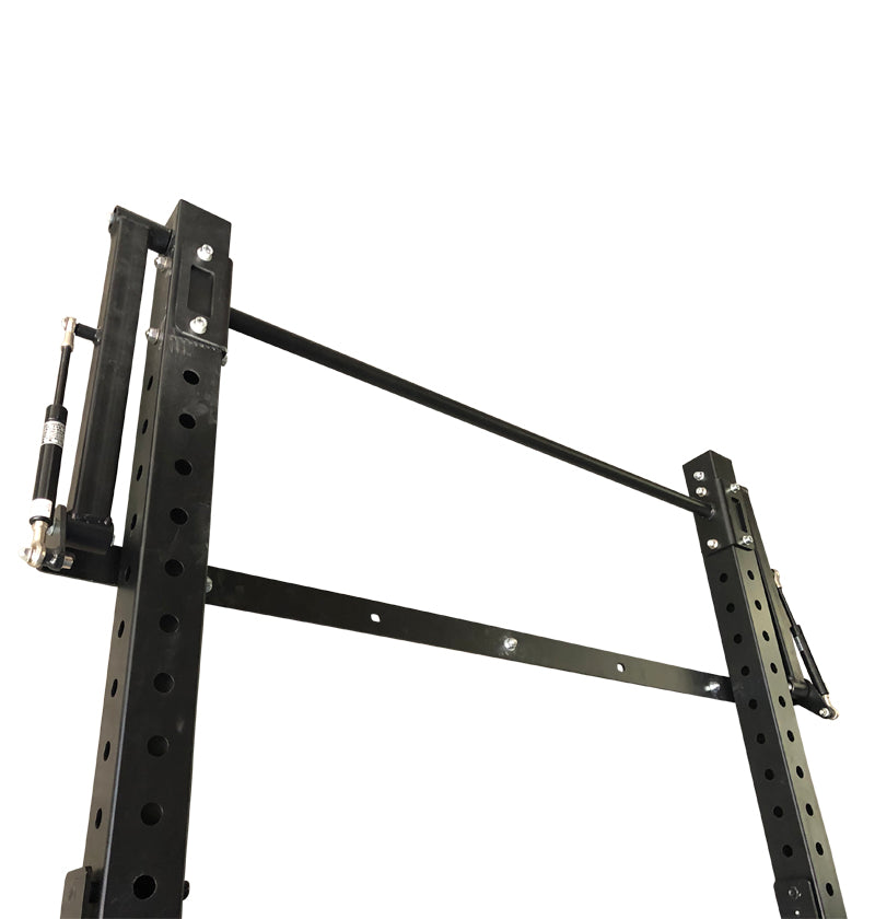 Black folding squat rack on a white background.