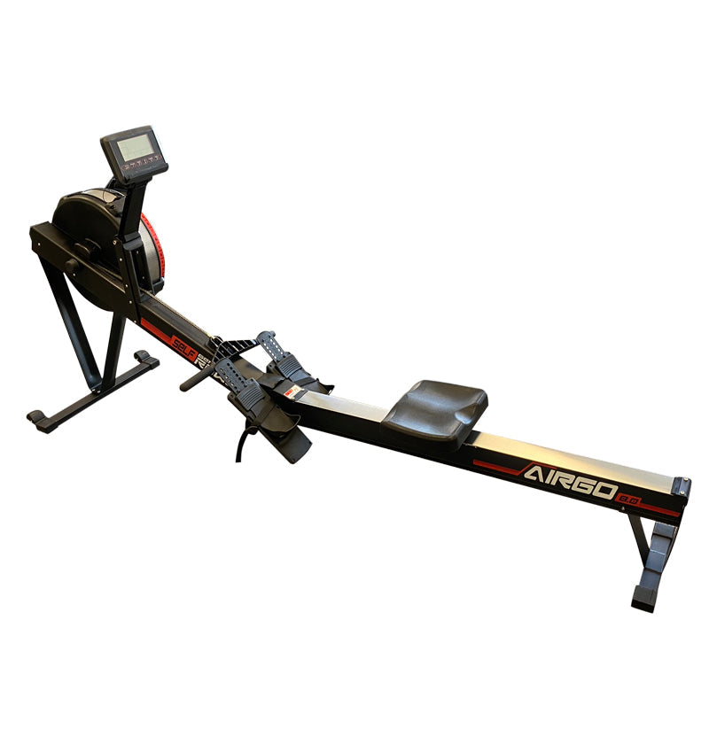 Commercial AirGo Rower rowing machine with black and red color scheme, featuring a thick padded seat, console with various function buttons, and air resistance mechanism.