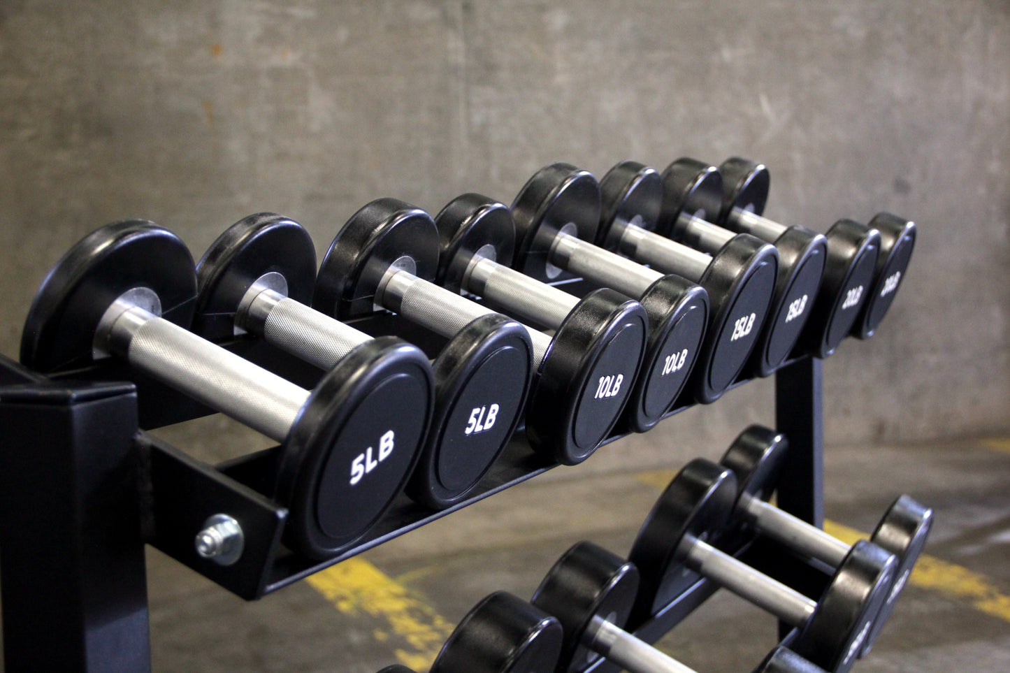 Set of urethane dumbbells on a rack in a gym.