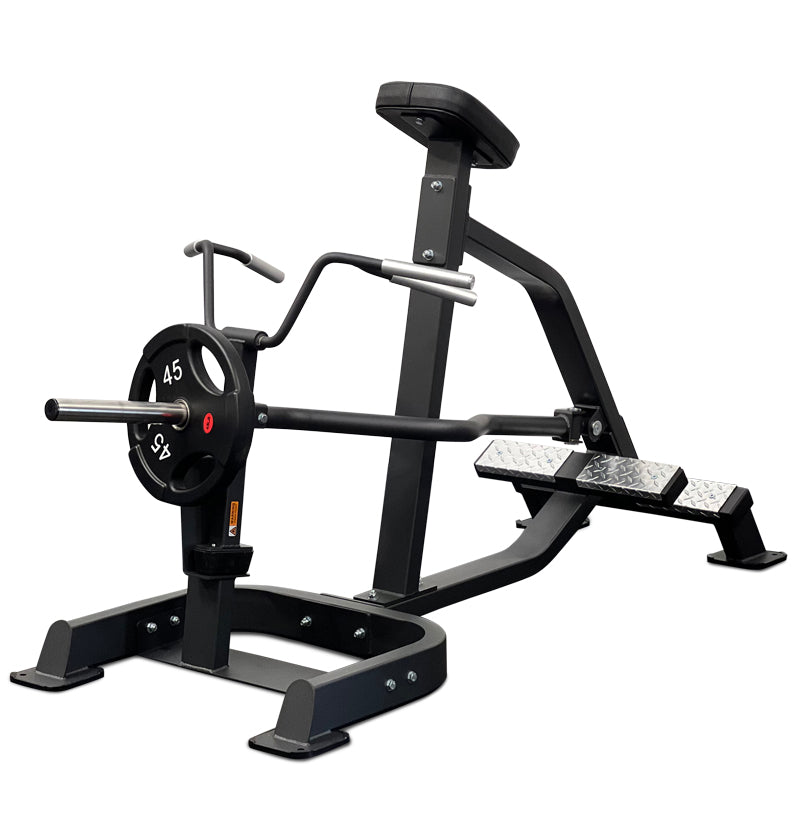 A gym machine designed for Incline Lever Row, featuring a barbell placed on it for weight training