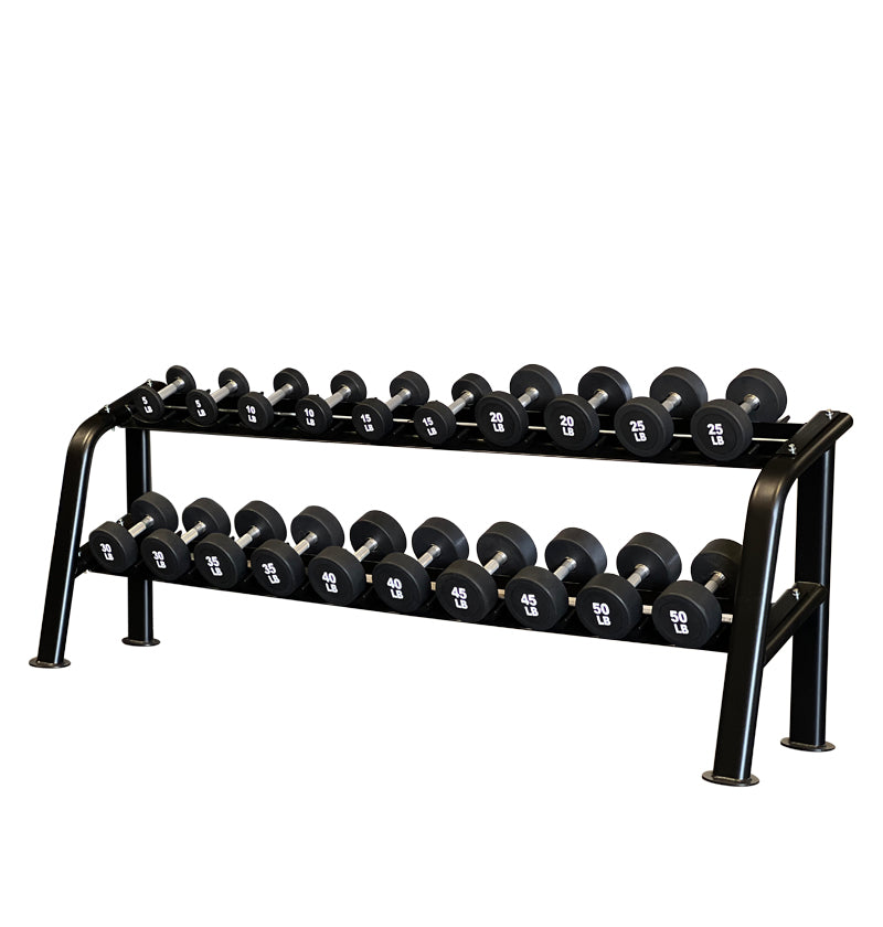 A black dumbbell rack featuring saddles, showcasing an array of weights in a workout space.