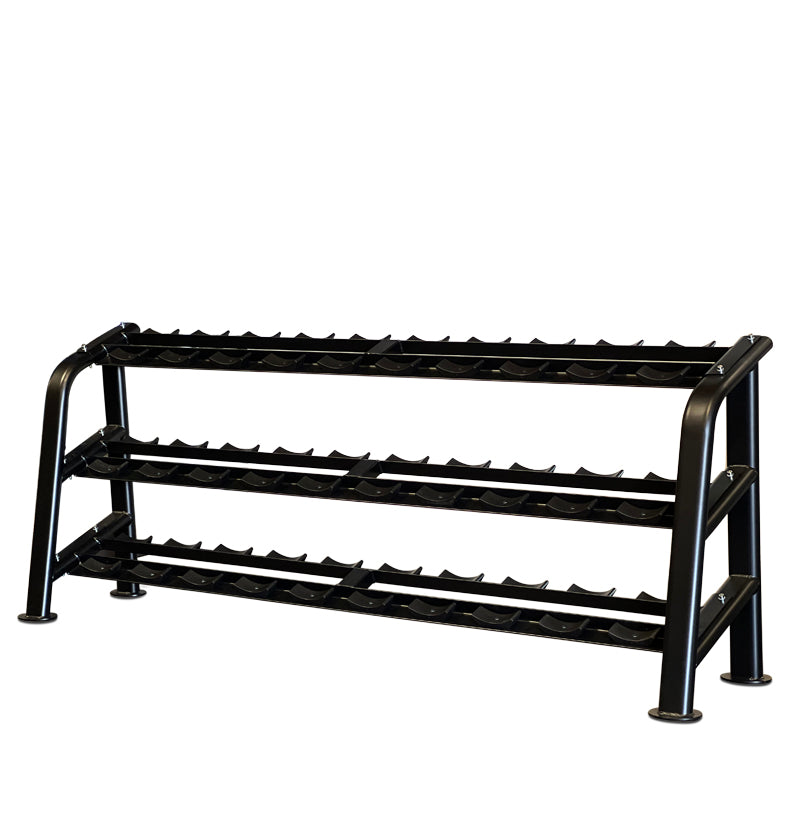 Dumbbell rack featuring three levels with saddles for organized weight storage.