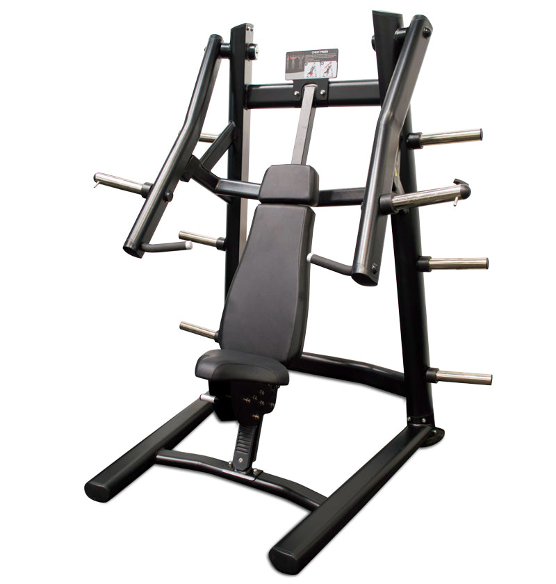 A black gym machine featuring a bench and a bar, designed for strength training exercises.