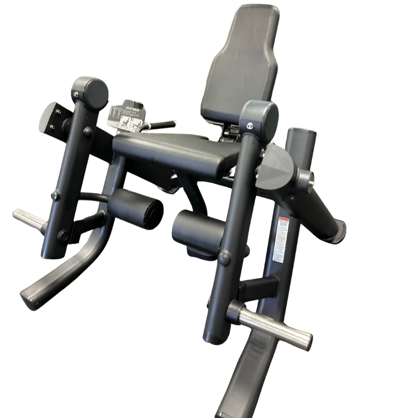 Black seated plate loaded leg extension machine on a white background.