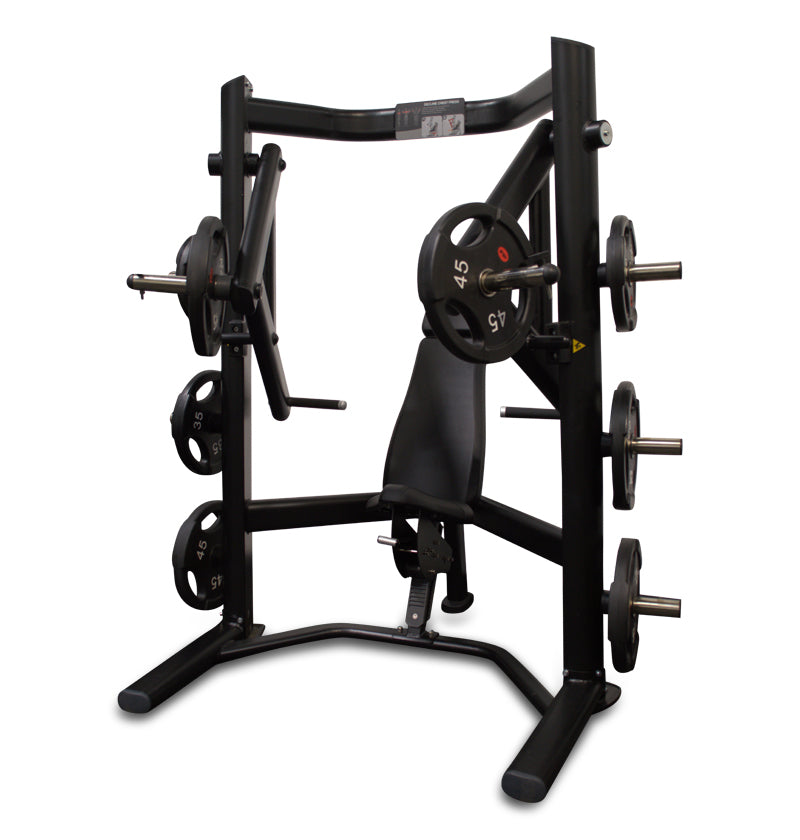 Black Plate Loaded Decline Chest Press gym equipment set against a white background.