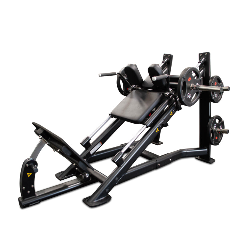 An incline bench designed for strength training, featuring a hack squat attachment.