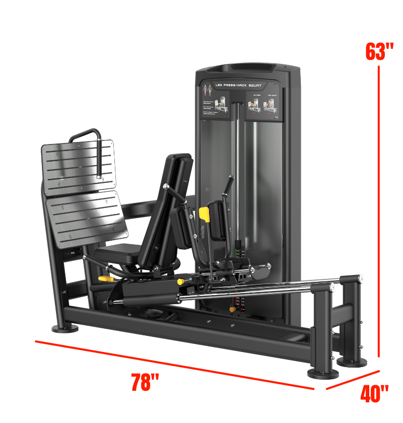 Leg press hack squat machine with dimensions indicated on a white background