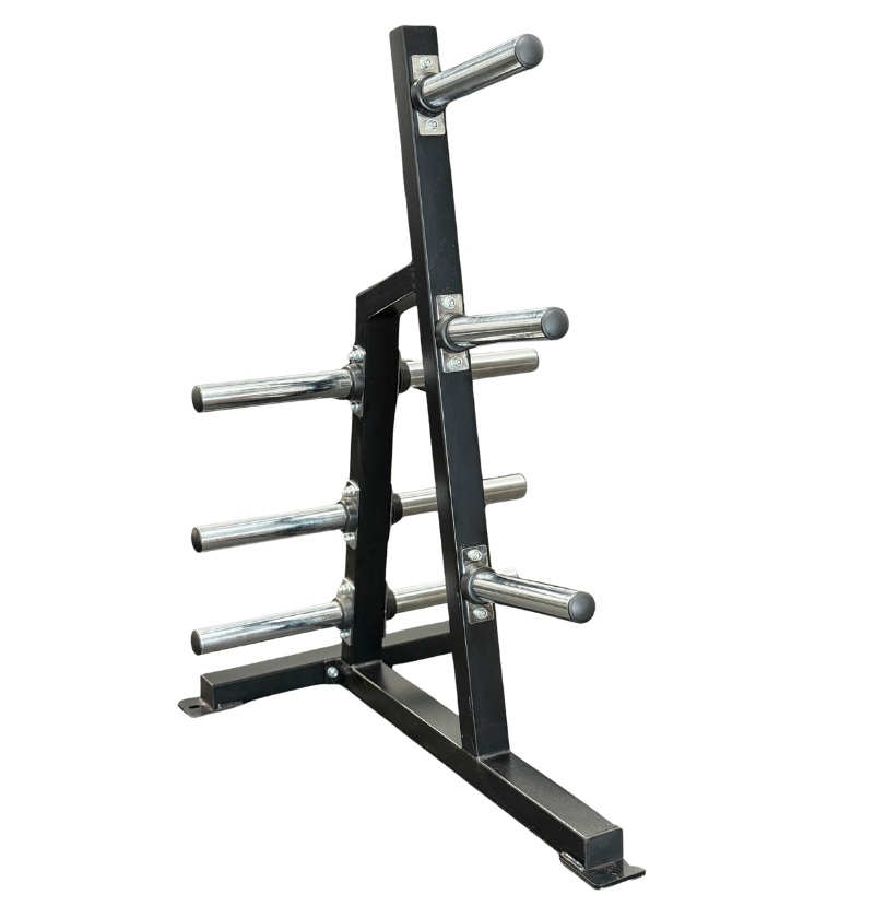 Black metal olympic plate rack with multiple weight holders on a white background