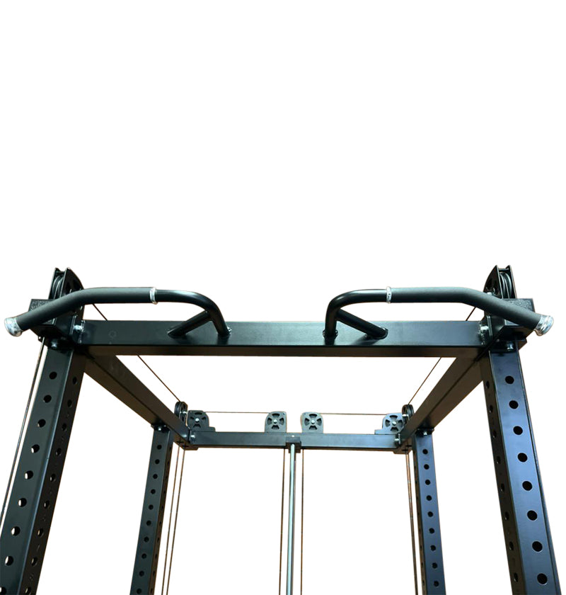 A black power rack featuring two bars, designed for strength training with a plate-loaded functional trainer.