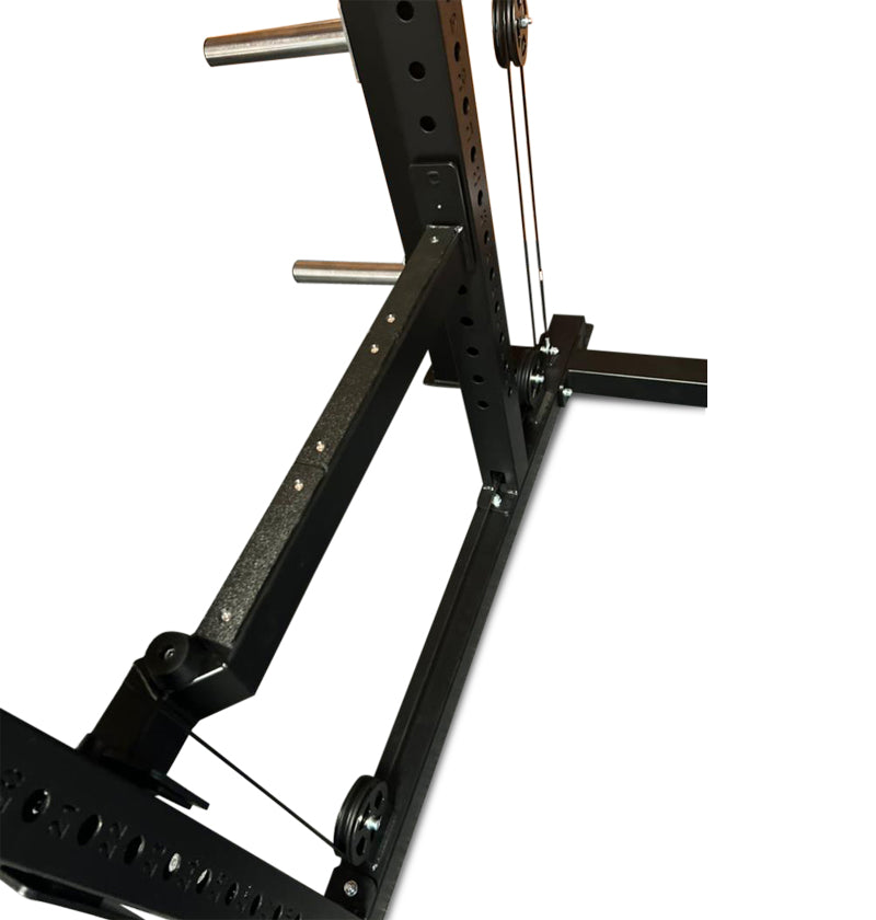 A black squat rack equipped with a barbell, designed as a power cage with a plate-loaded functional trainer.
